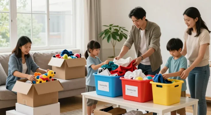 Entrümpelungs-Kundenservice beim Organisieren eines Wohnzimmers mit einer Familie, die alte Gegenstände sortiert.
