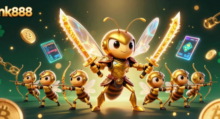 Experience the vibrant nk888 gaming environment with a golden hornet warrior and crypto elements.