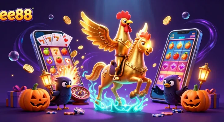 Play exciting games at ee88 with a golden rooster and spectral horse in a dynamic casino scene.