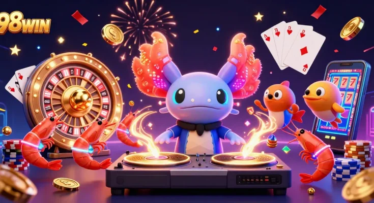 Experience the vibrant energy of 98WIN with a 3D neon-themed casino scene featuring games and colorful characters.