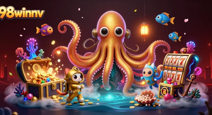 Experience 98winnv's thrilling slot adventures with a 3D kraken and diving cat illustration.