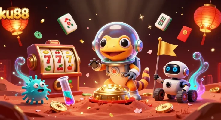 ku88 animation featuring a Martian gecko discovering a golden casino amidst vibrant gaming elements.