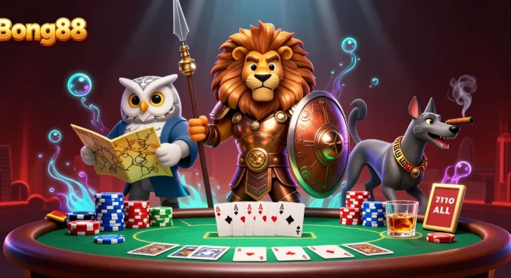 Bong88 players enjoying poker with a Spartan lion, owl strategist, and greyhound messenger creating a vibrant casino scene.