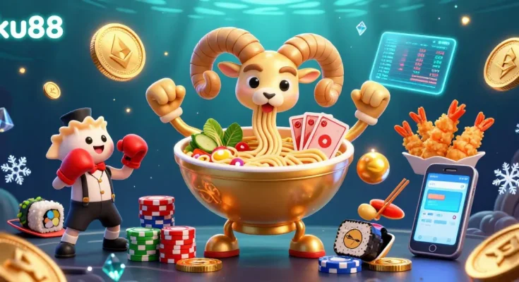 ku88 showcases a vibrant casino scene with a giant ramen bowl character dealing cards and crypto elements.