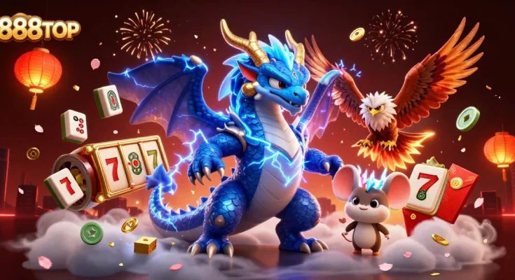Experience the thrill of 888TOP with animated characters amidst dynamic slot game elements and vibrant visuals.