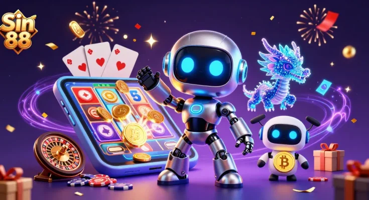 Experience thrilling gameplay with Sin 88, featuring a vibrant cyberpunk casino scene full of colorful slot games and dynamic elements.