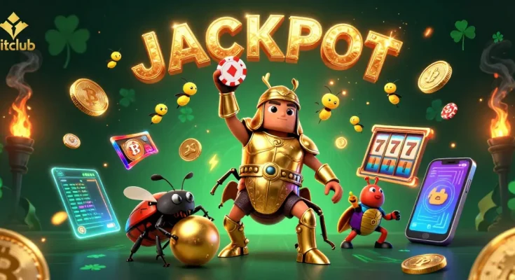 Hitclub jackpot scene featuring a victorious hercules beetle and crypto elements for gamers.