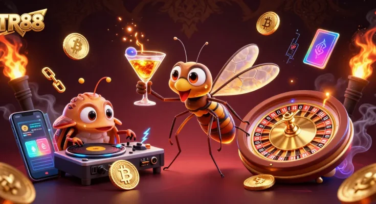 Engage with TR88's gaming thrills as a vibrant mosquito mascot and trilobite DJ light up the casino scene.