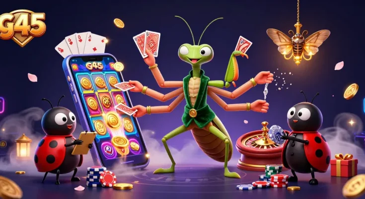 g45 captures thrilling gaming moments with a giant mantis dealer amid elegant casino elements
