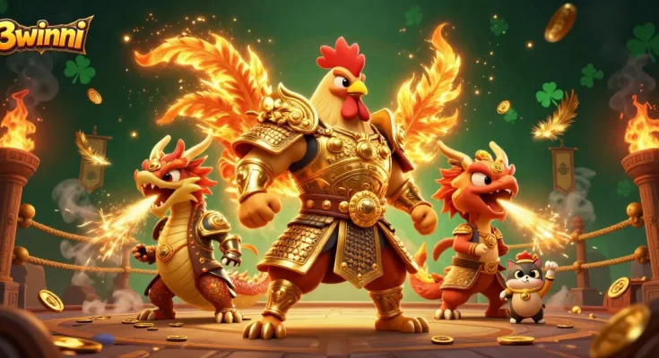 Win big at 3winni with immersive gaming featuring a roaring dragon and lucky cat.