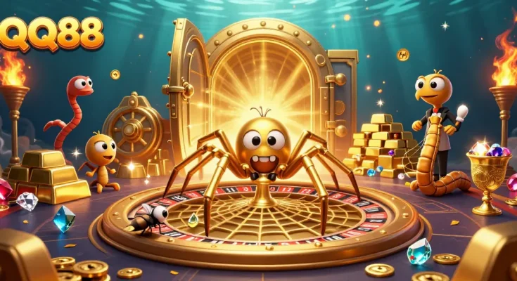 Engage with QQ88's thrilling roulette experience featuring a golden spider, bets, and vibrant treasures.