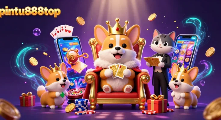 Experience the excitement of pintu888top with a lively casino scene featuring corgis, poker, and vibrant slot games.