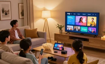 Familie genießen ip tv smart Streaming im stilvollen Wohnzimmer mit Fernseher und Snacks.