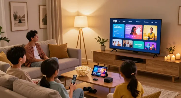 Familie genießen ip tv smart Streaming im stilvollen Wohnzimmer mit Fernseher und Snacks.