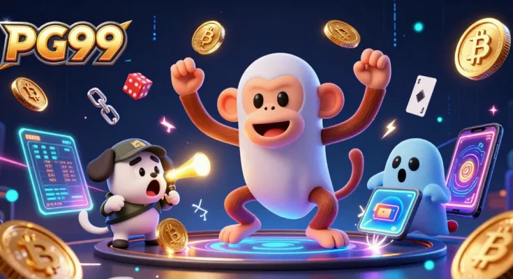 Experience the thrilling world of PG99 casino with a playful monkey and ghost-hunter puppy in a dazzling 3D illustration.