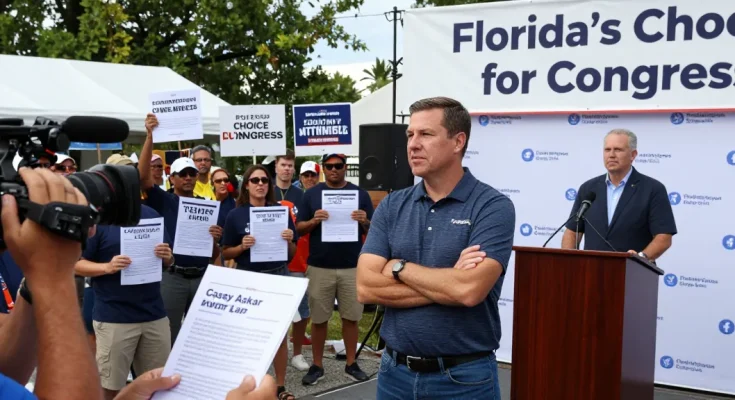 Casey Askar addressing rally with backdrop highlighting controversies in FL-22 election.