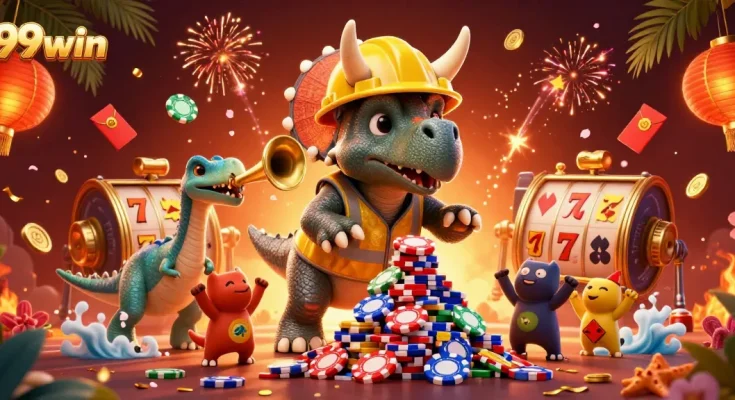 Cheer while spinning 99win's thrilling slot reels with vibrant characters and festive decorations.