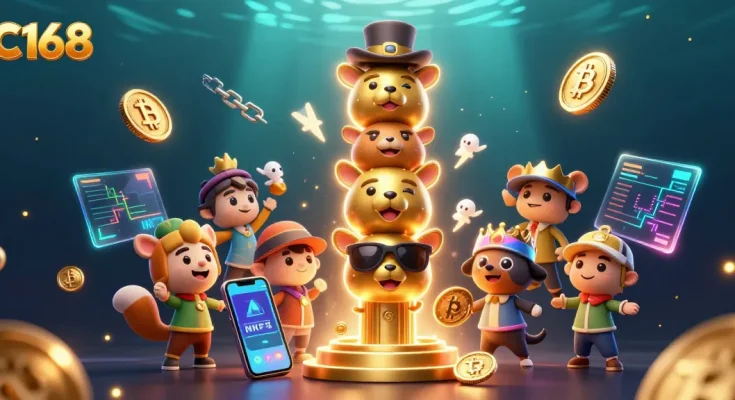 Engage in thrilling gameplay at C168 with vibrant graphics showcasing casino accessories and crypto elements.