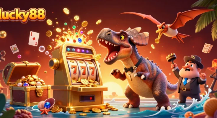 Witness lucky88 as a dinosaur headbutts a slot machine for a jackpot amid vibrant casino chaos.