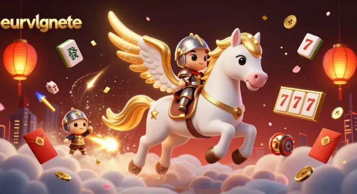 Experience the magic of eurvlgnete with a knight and a celestial horse amidst vibrant casino elements.