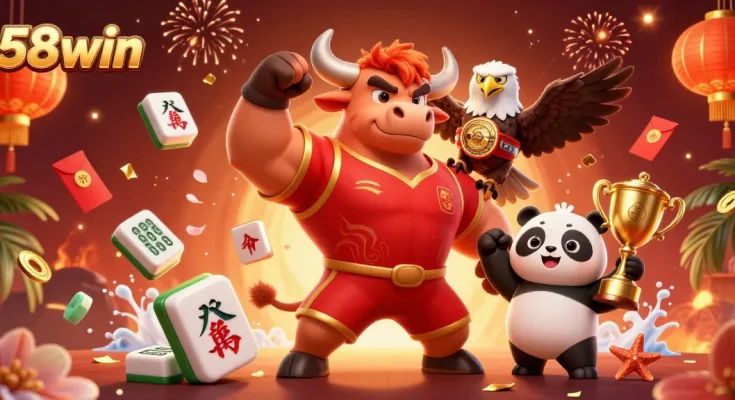 Celebrate your wins with 58win's vibrant casino atmosphere, featuring a muscular mascot and festive game elements.