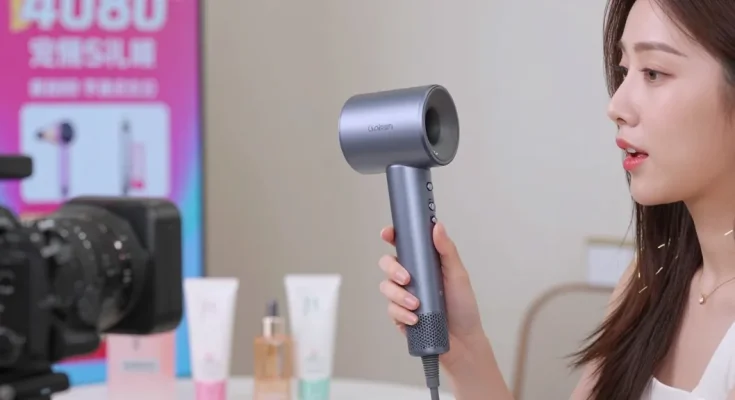 Laifen Föhn in Aktion bei einer Prime Day Präsentation mit ansprechendem Publikum und Beautyprodukten im Hintergrund.