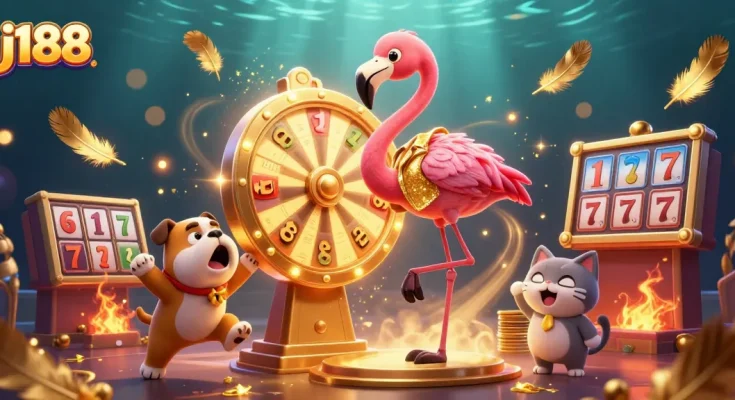 Spin the prize wheel with j188 for thrilling jackpot excitement in this vibrant casino scene.
