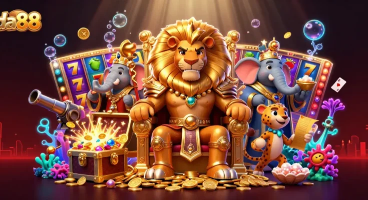 Experience thrilling da88 slots with a lion king surrounded by gold in a vibrant casino scene.