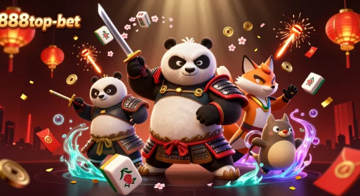 Engage with thrilling 888top-bet casino adventures featuring a dynamic samurai panda and ninja fox in a lively scene.