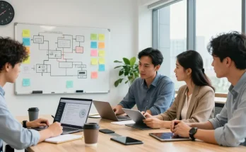 Build internal tools with AI - collaborative professionals in a modern workspace strategizing on tool development.
