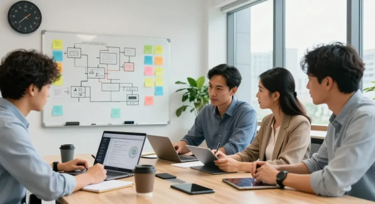 Build internal tools with AI - collaborative professionals in a modern workspace strategizing on tool development.