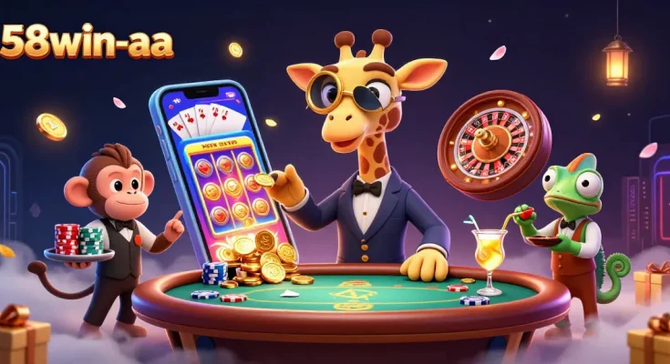 Engage in thrilling gaming action at 58win-aa with high-roller giraffe and monkey valet in a vibrant casino scene.