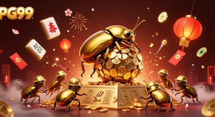 Experience PG99's vibrant gaming adventure with golden beetles and casino-themed elements.