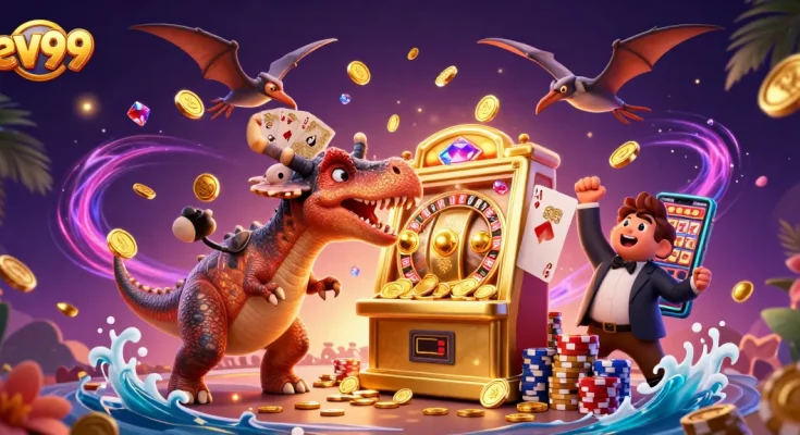 ev99 jackpot scene with a dinosaur and casino action, featuring slots and coins