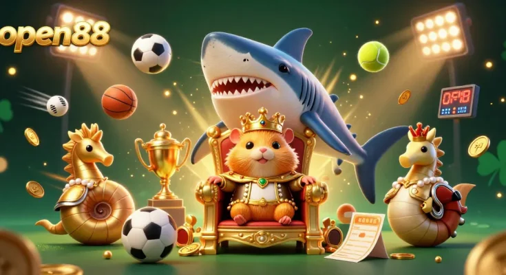 Experience thrilling sports betting with open88 showcasing a golden hamster king and dynamic game elements.