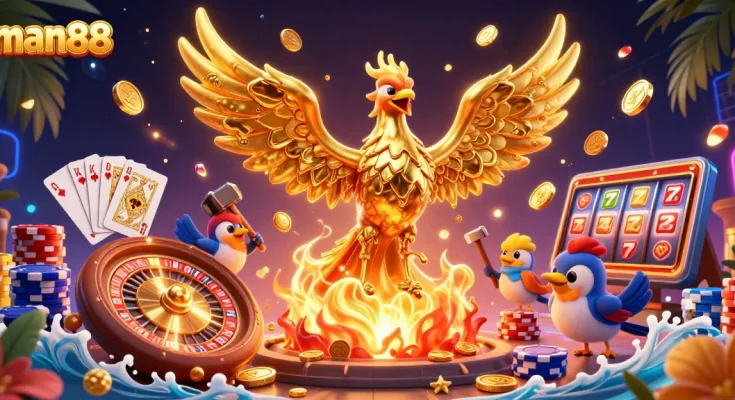 Experience man88's thrilling casino atmosphere with golden phoenix and dynamic gaming elements.