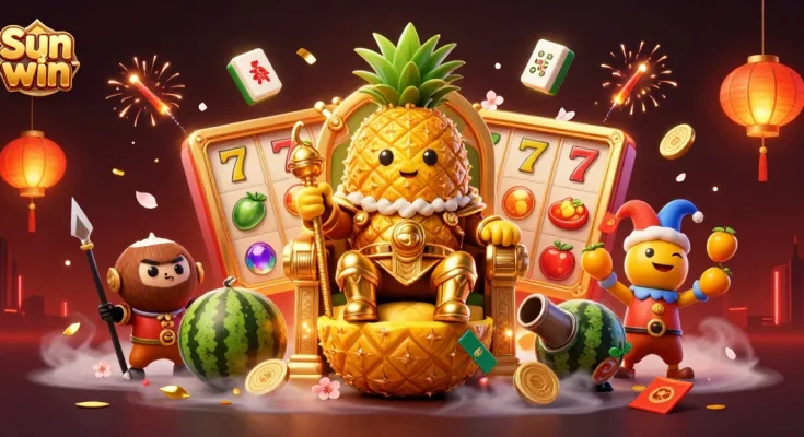 Experience the excitement of Sun win slots with a golden pineapple king amidst dynamic casino game elements.