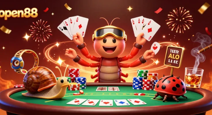 Experience the excitement of open88 at the dynamic poker table with colorful chips and energetic characters.