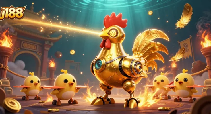 Betting action at j188 features a golden rooster robot with drones in a colorful casino scene.