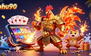 Nohu90 showcases a fighting rooster and dragon in a vibrant casino scene filled with slots and poker.