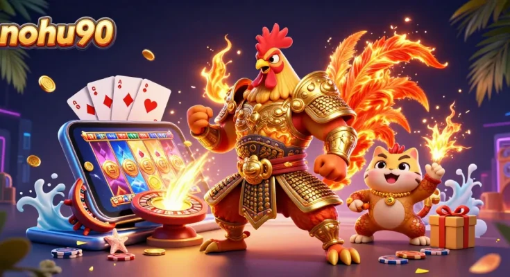 Nohu90 showcases a fighting rooster and dragon in a vibrant casino scene filled with slots and poker.