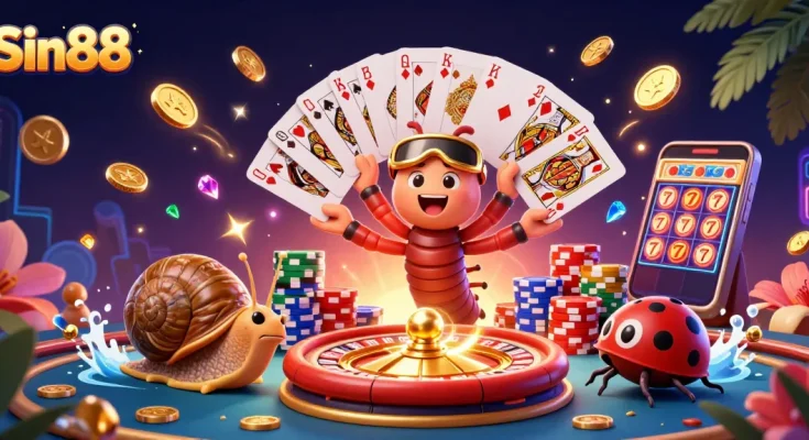 Engage with Sin88's vibrant casino scene featuring a millipede dealer and exciting game elements.