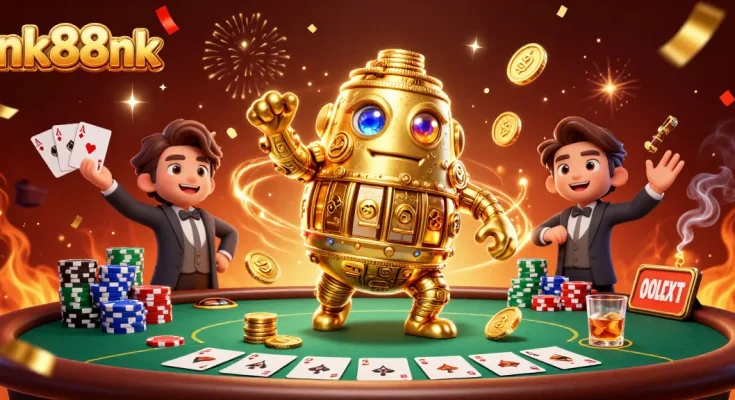 Play exciting games at nk88nk, featuring a golden golem among poker elements and vibrant celebration.