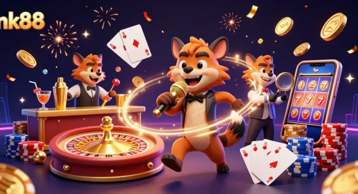 nk88 hyenas entertain in a vibrant casino scene filled with golden coins and excitement.
