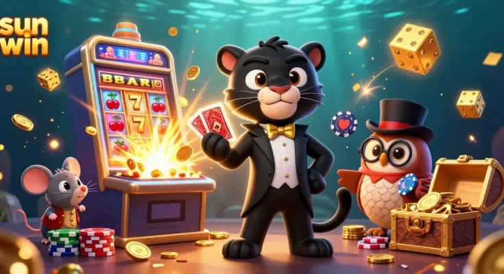 Experience sun win with stylish characters amidst a jackpot explosion and dynamic casino elements.