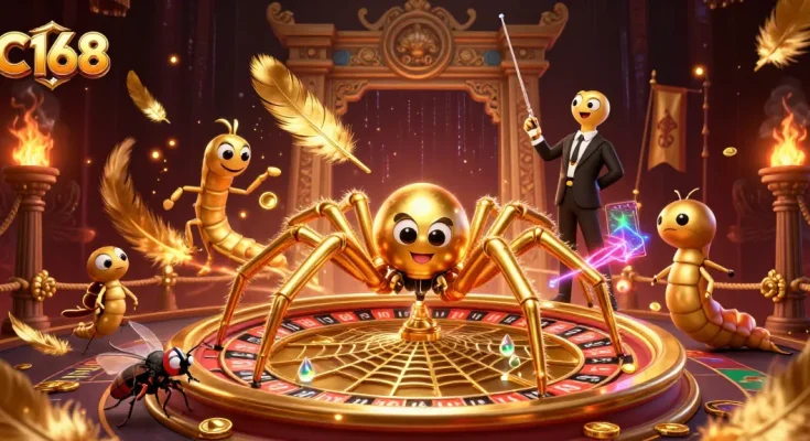 C168 offers thrilling betting experiences with a golden spider spinning a roulette web amid rich casino elements.