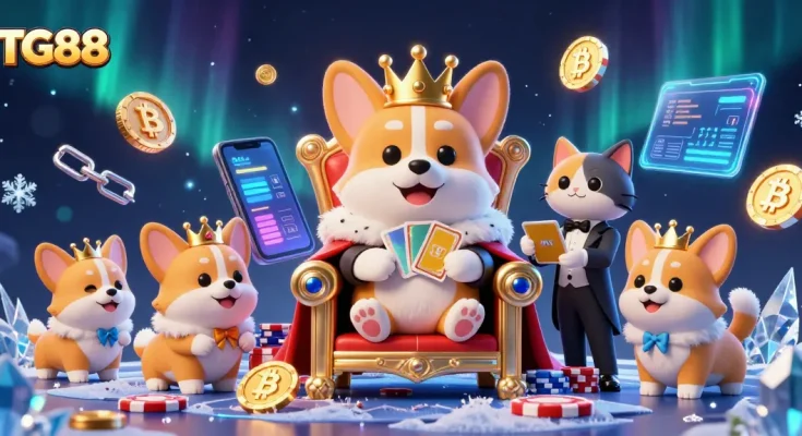 Engage in thrilling gameplay at TG88 while enjoying a vibrant casino scene with royal corgis and crypto-themed elements.