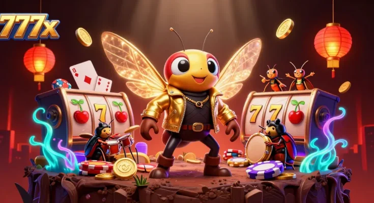 Engage with 777x, featuring a vibrant rock star cicada in a thrilling casino setting.