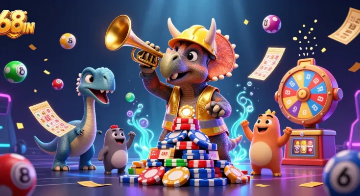 Experience thrilling action with 68WIN as cartoon characters celebrate casino gaming excitement.