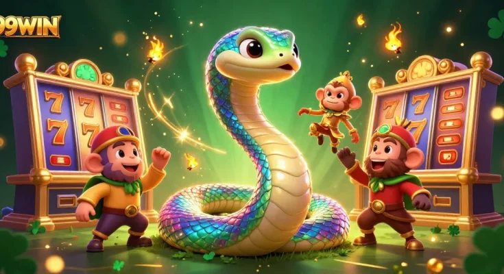 Experience the excitement of 99WIN as the playful monkey king swings through a vibrant casino atmosphere.